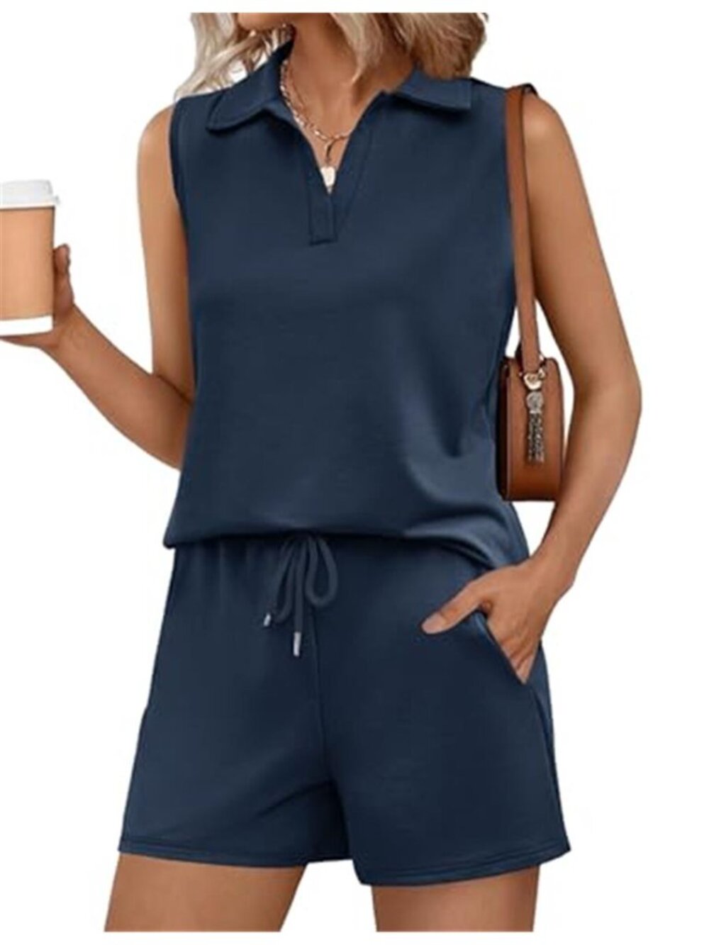 Women's Navy 2 Piece Lounge Set Sleeveless Collared Top & Shorts Outfit